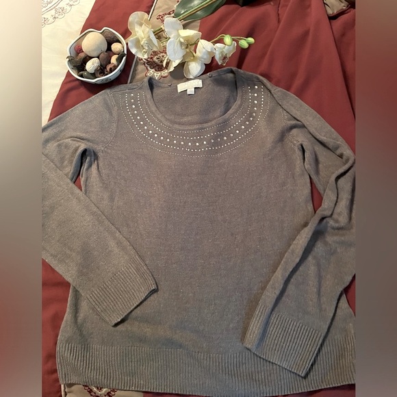 CAROLYN TAYLOR LOVELY XL GRAY LONG SLEEVE SCOOPED EMBELLISHED NECKLINE SWEATER - Picture 1 of 8